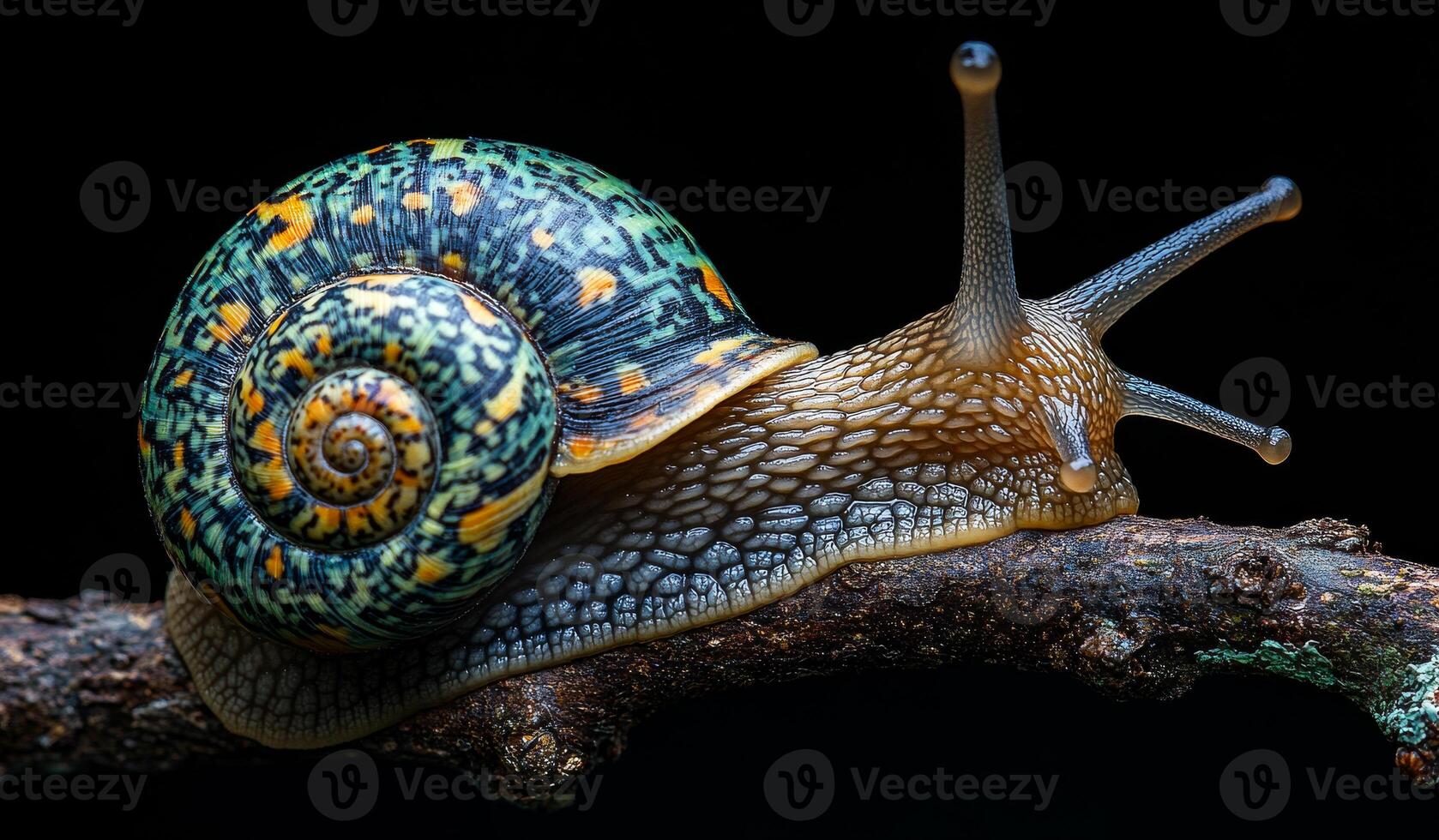 Colorful snail on a branch. A vibrant snail with a patterned shell is perched on a dark branch, showcasing its unique features under low light. photo