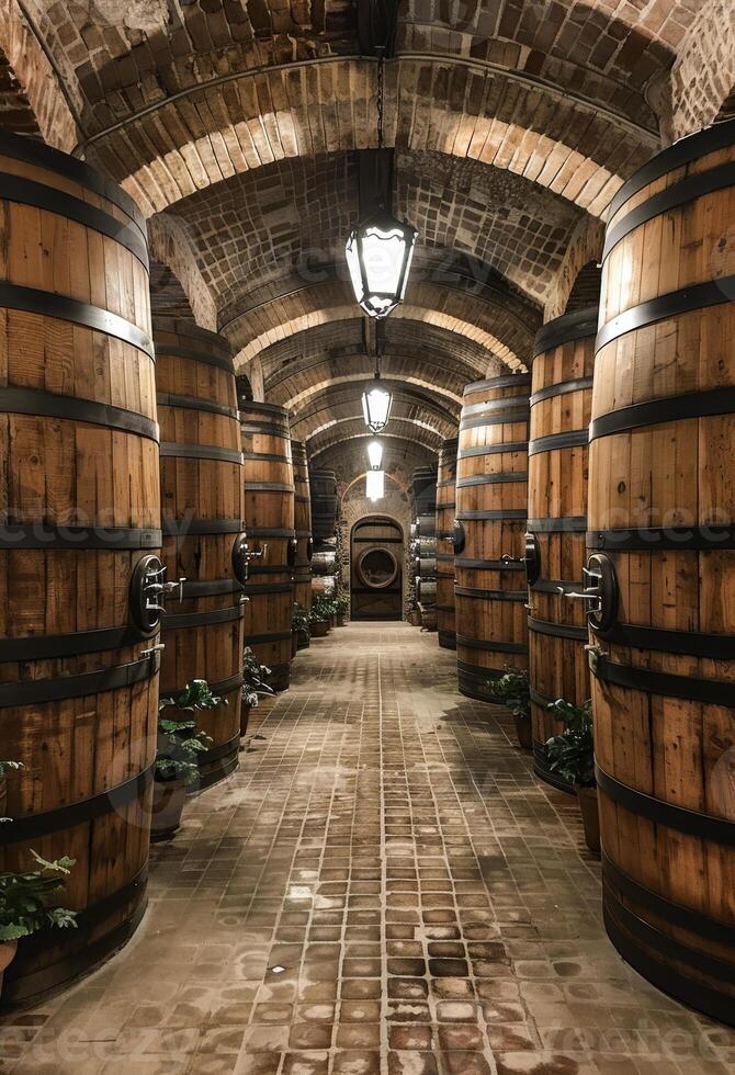 Historic wine cellar with wooden barrels. A beautiful wine cellar features large wooden barrels lined up along a brick pathway, creating a serene atmosphere. photo