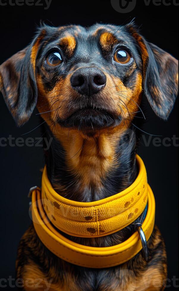 Charming dog portrait. A charming dog with a shiny coat and bright eyes poses confidently, showcasing its unique expression and collar. photo