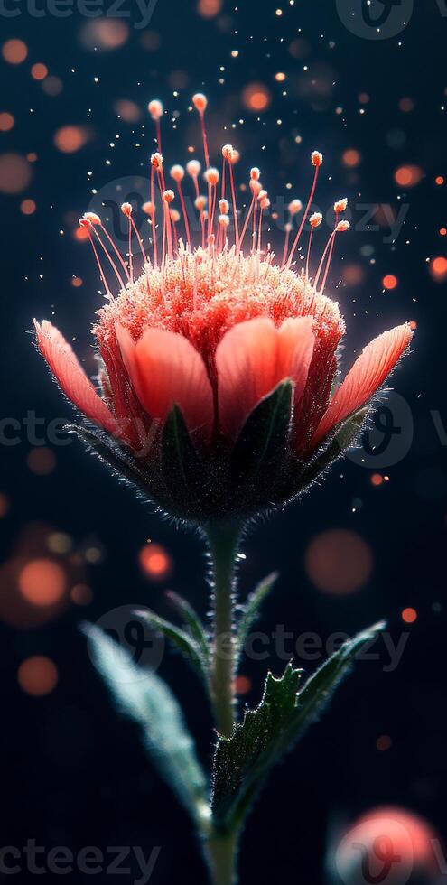 Glowing night flower details. A vibrant flower shines against a dark background, revealing intricate details in soft light. photo