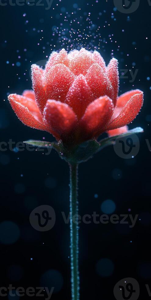 Dark backdrop, red flower drops. A vibrant red flower surrounded by tiny droplets in a dark setting creates a striking visual effect. photo