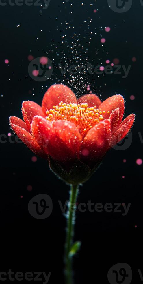 Vibrant red flower with water droplets. A close-up of a red flower with water droplets, showing intricate details and vibrant colors against a dark background. photo