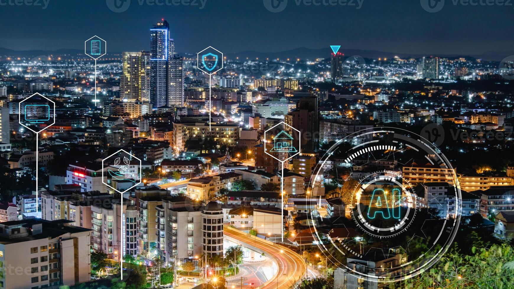 Smart city and tourism industry and the environment with AI technology of security encryption icons In terms of speed in communication, sending information photo