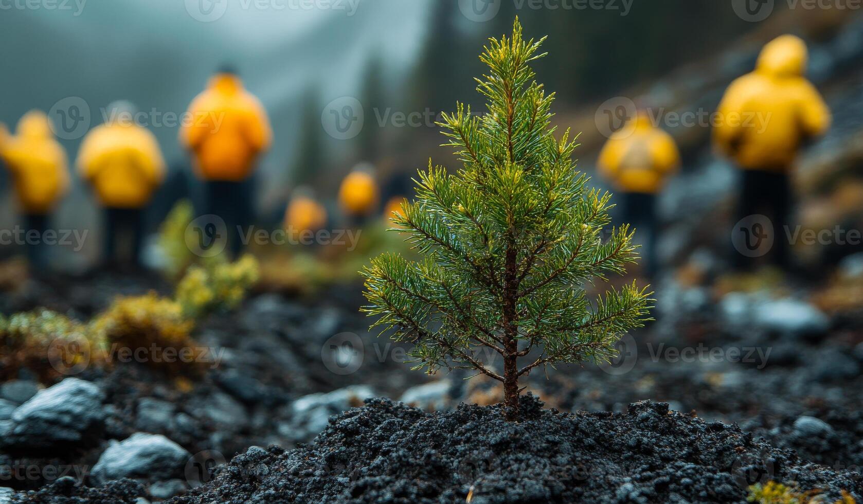 Volunteers tree planting in mountains. Groups of volunteers wearing yellow jackets are planting young trees in a mountainous region on a cloudy day. photo