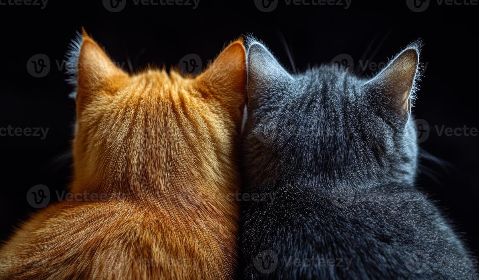 Cats snuggled together. Two cats, one orange and one gray, sit closely side by side, sharing a moment of warmth and tranquility. photo