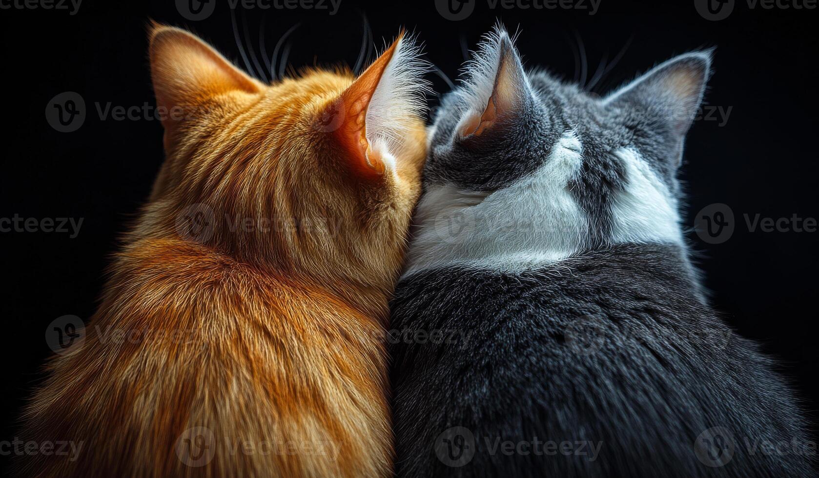 Cats cuddling together in warmth. Two cats, one orange and one gray, sit closely together, sharing warmth and comfort on a dark background. photo