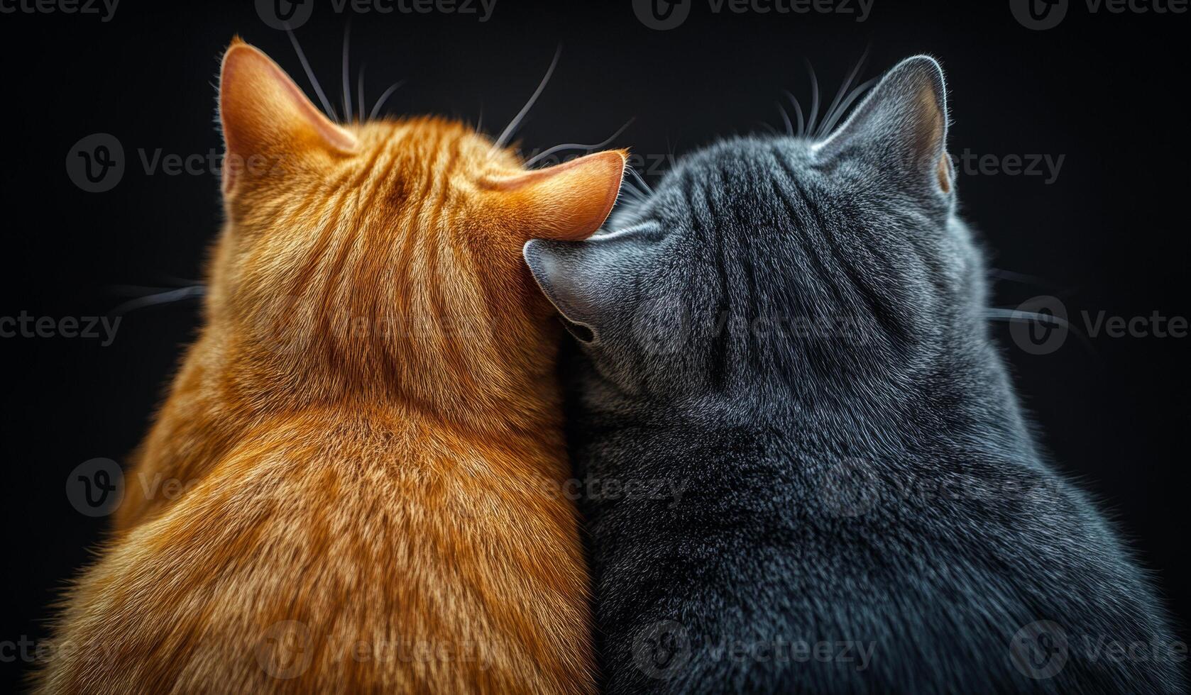 Cats snuggled together happily. Two cats, one orange and one gray, snuggle together, showcasing their bond and affection in a cozy setting. photo