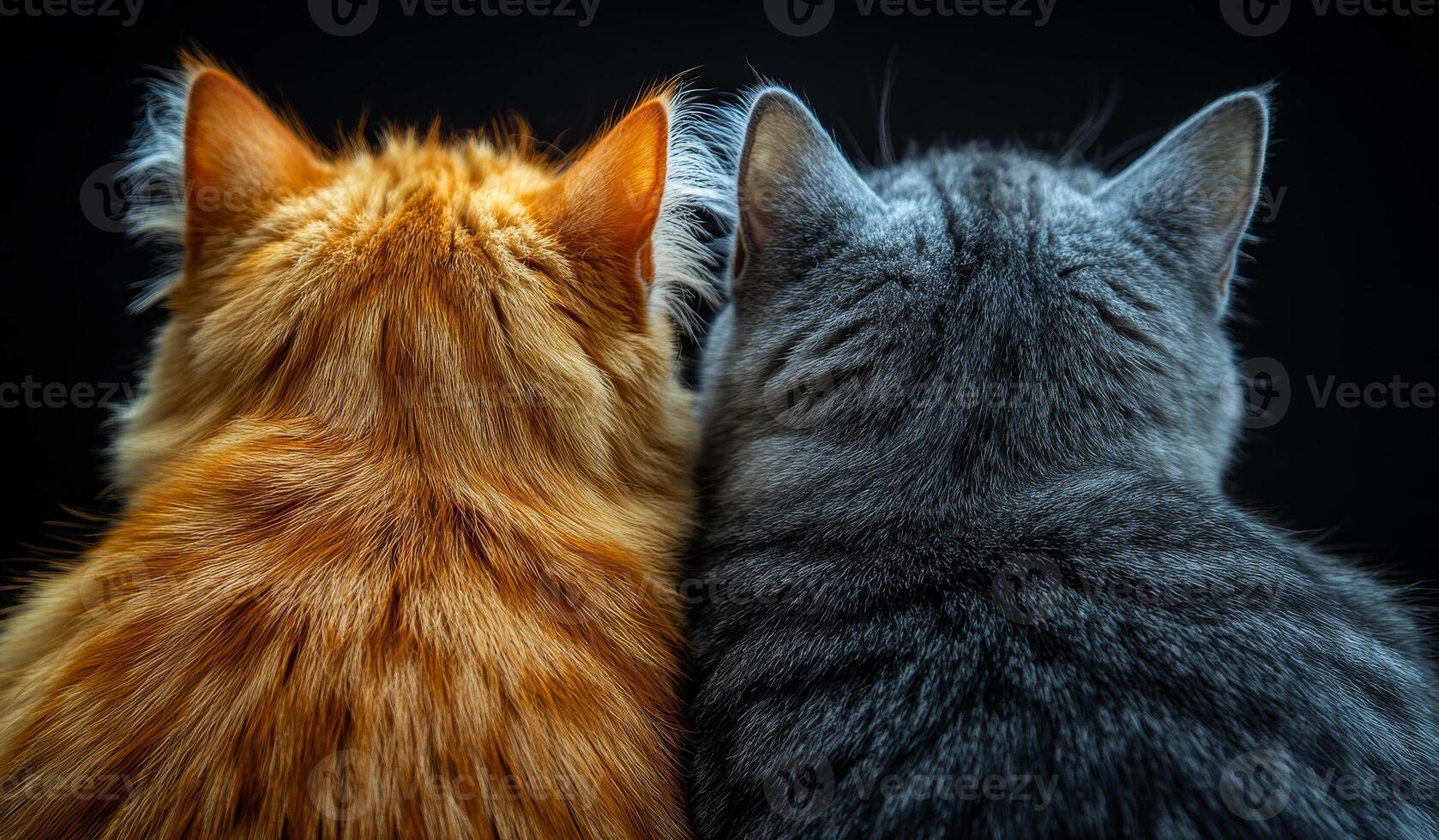 Two cats sharing a quiet moment together. Orange and gray cats sit closely together, enjoying each other's company in a warm and cozy atmosphere. photo