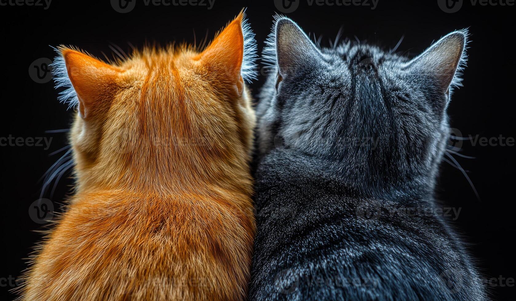 Two cats sit back to back. Two cats with distinct fur colors sit closely together, creating a heartwarming moment against a dark background. photo