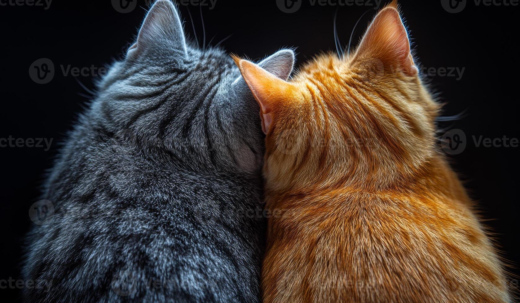 Cats cuddling together in close embrace. Two cats with distinct fur patterns sit closely, showcasing their companionship and bond in a cozy setting. photo