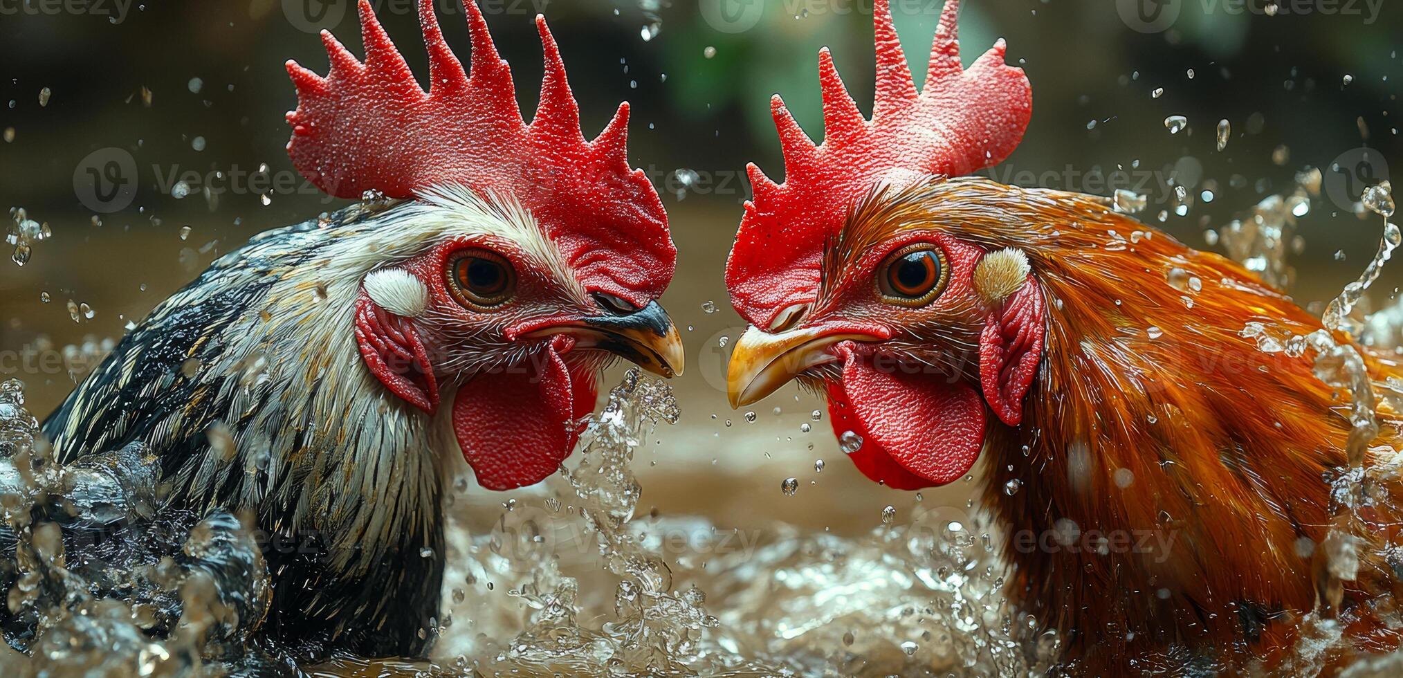 Two roosters battling in muddy water. Two vibrant roosters clash in a muddy battle, splashing water and showcasing their strength. photo