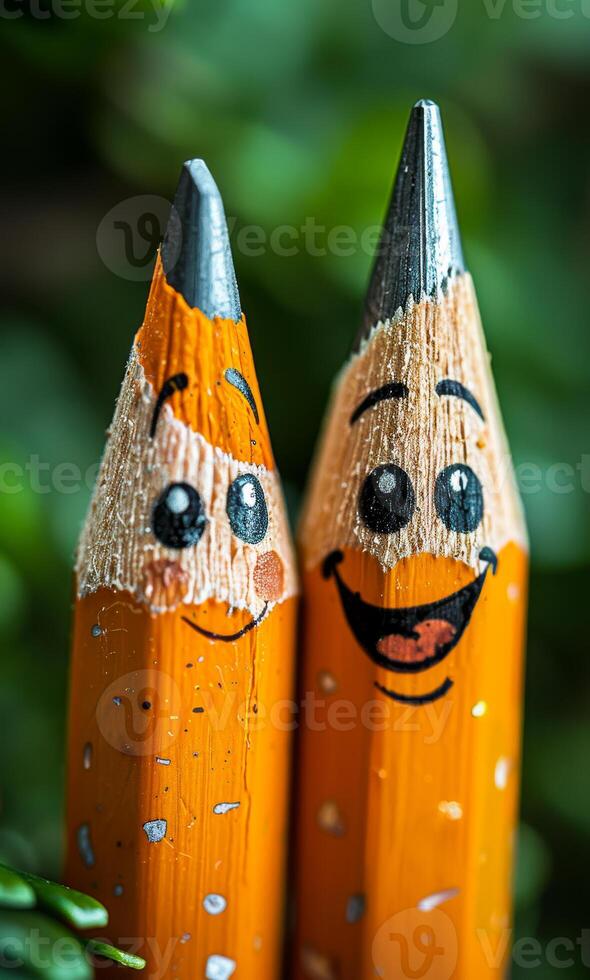 Smiling pencils bring joy in nature. Two cheerful orange pencils with faces stand together surrounded by green foliage, evoking a sense of happiness. photo