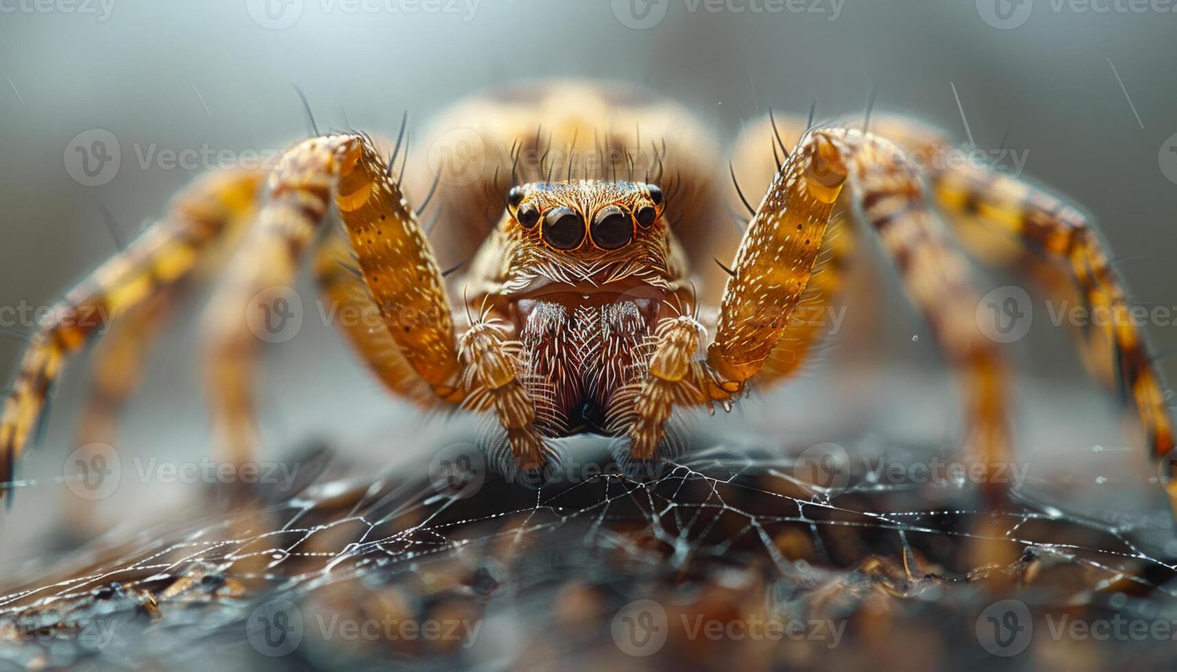 Spider in its natural habitat. A detailed view of a brown spider with striking eyes resting on a web in a blurred outdoor setting. photo