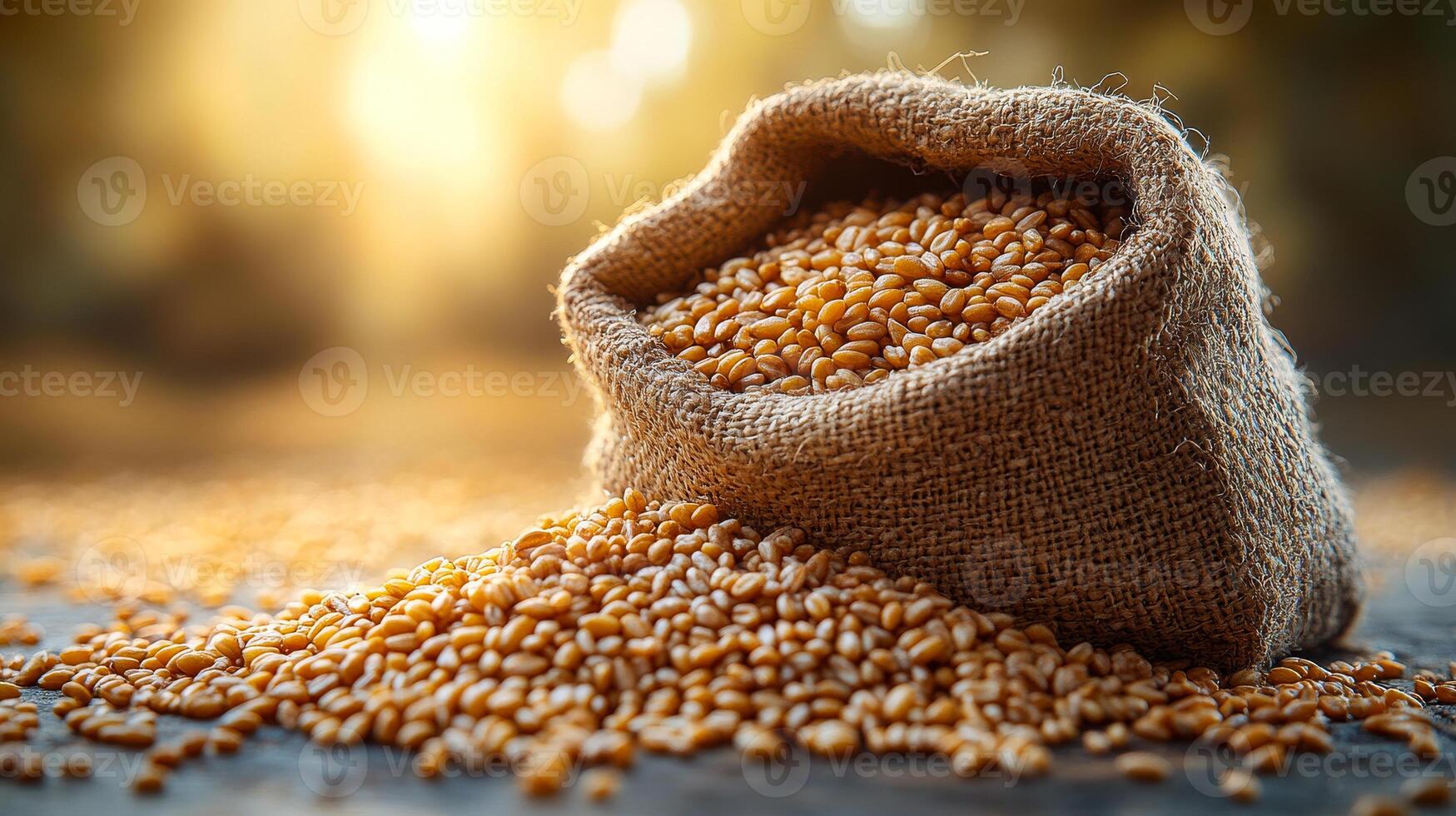 Golden grains spilling from burlap sack. Golden wheat grains pour from a burlap sack onto a wooden surface in warm evening light. photo