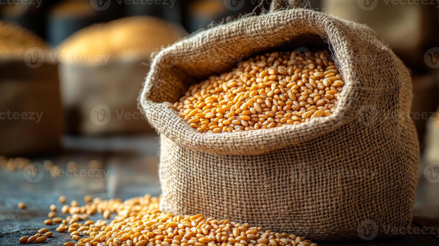 Golden grains spilling from burlap sack. A burlap sack overflows with golden grains, creating a rustic display in a well-lit storage area. photo