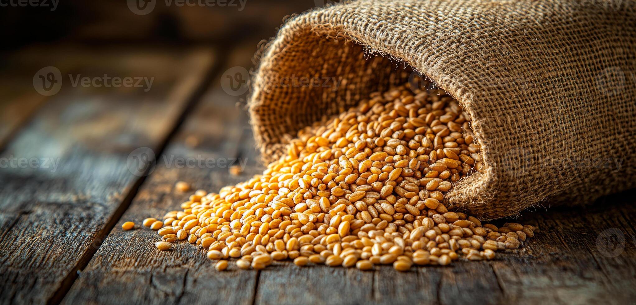 Wheat grains spilling from a burlap sack. Golden wheat grains pour out from a burlap sack onto a rustic wooden surface, creating a vibrant display. photo