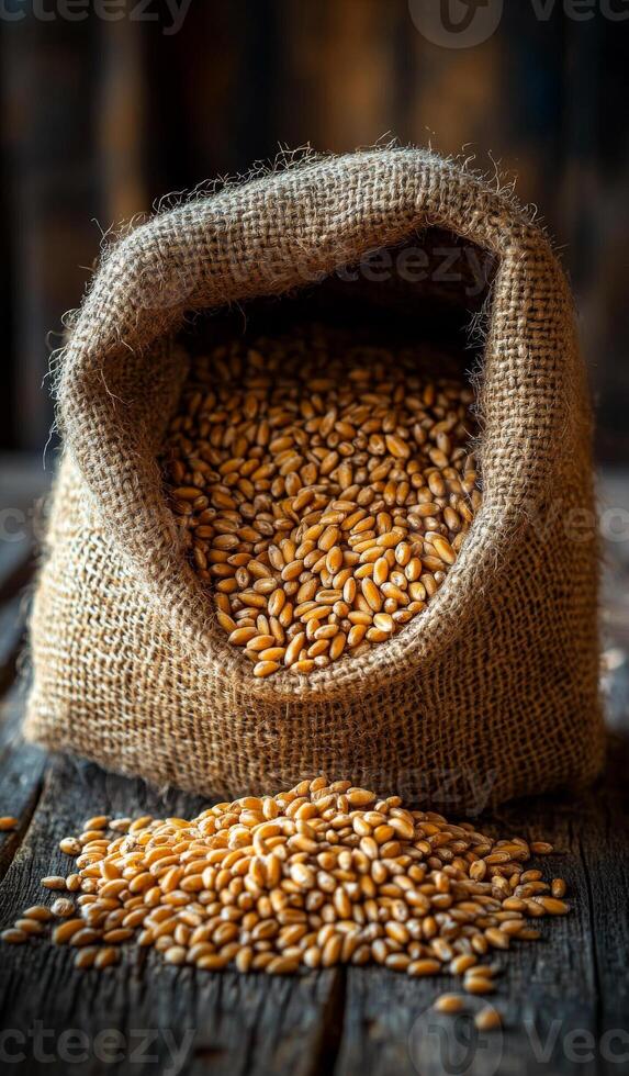 Golden wheat spilling from burlap sack. A burlap sack filled with golden wheat is spilling onto a wooden surface, showcasing the grains in natural light. photo