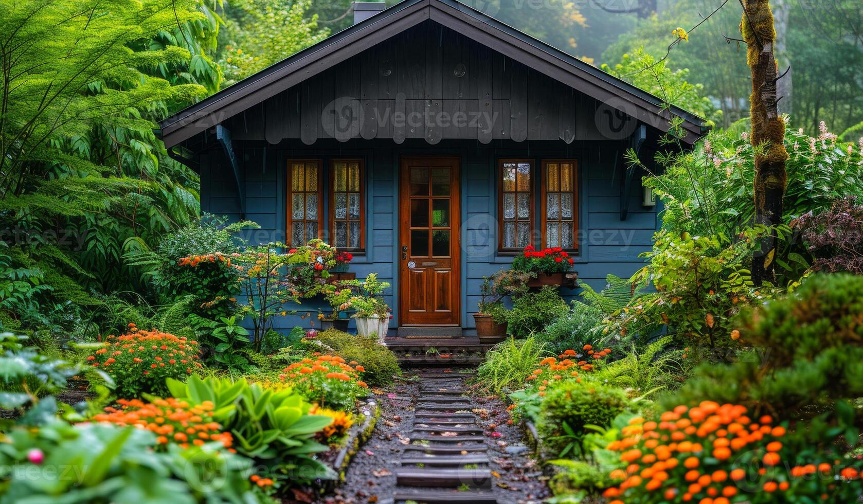 Cozy cottage in a lush garden. This cozy cottage surrounded by colorful flowers and lush greenery creates a serene atmosphere in nature. photo