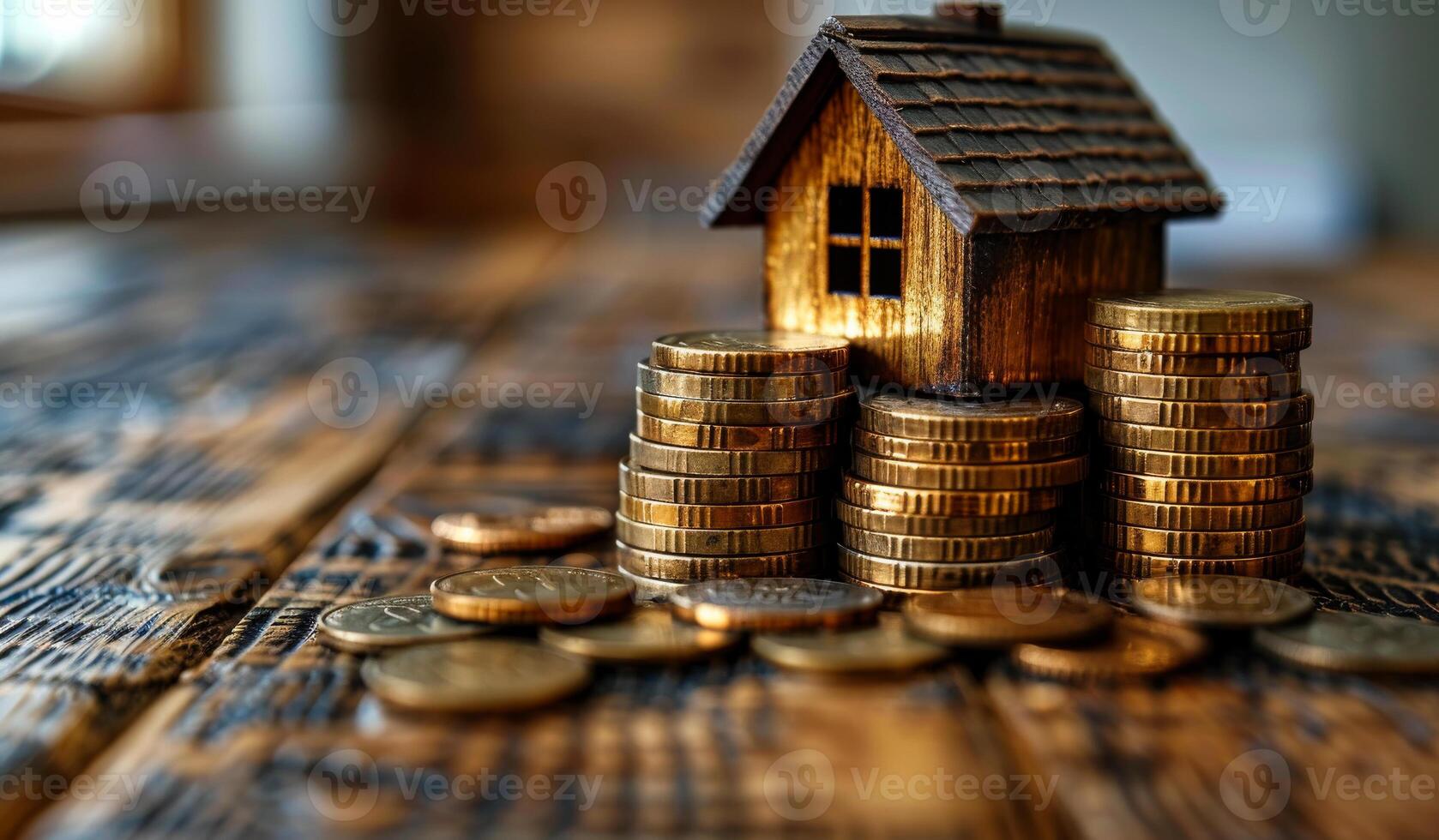 Model house surrounded by stacked coins. A small wooden house model is surrounded by stacks of shiny coins, highlighting the concept of home investment. photo