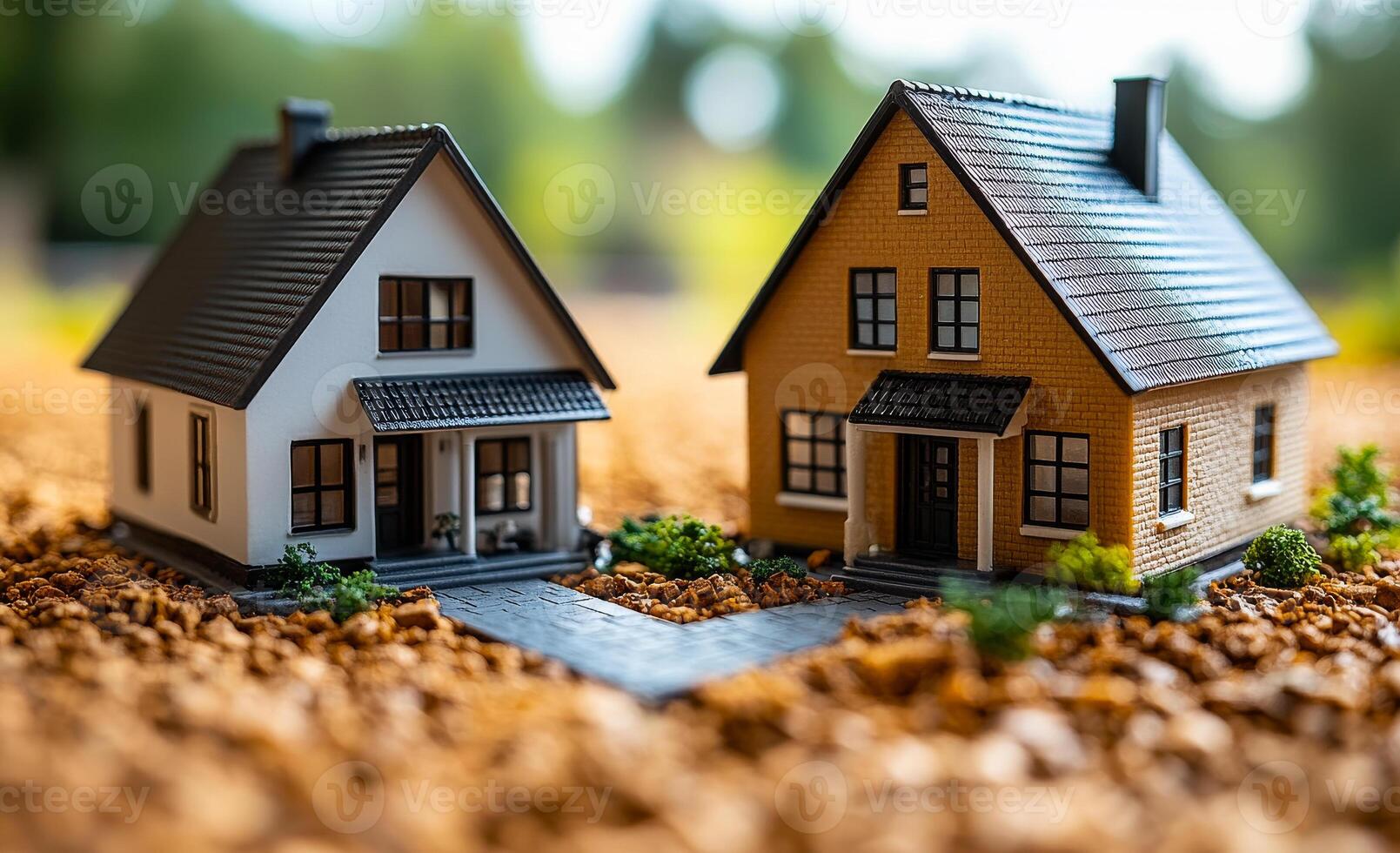 Miniature houses on a gravel surface. Two small model houses sit on a gravel surface, surrounded by greenery and soft natural light during the day. photo