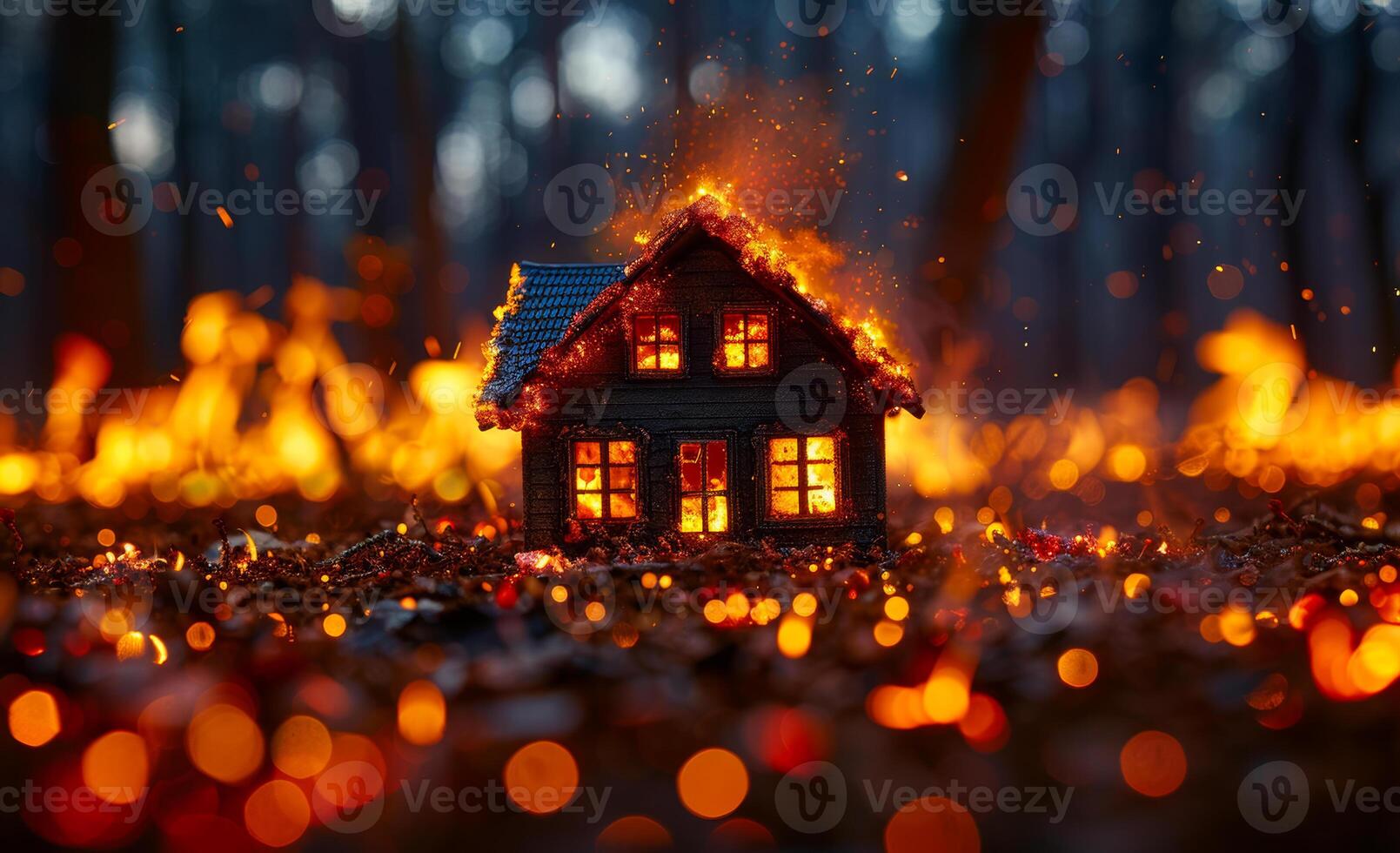 Burning model house amid glowing embers. A miniature wooden house is engulfed in flames surrounded by glowing embers in a dark forest at dusk. photo