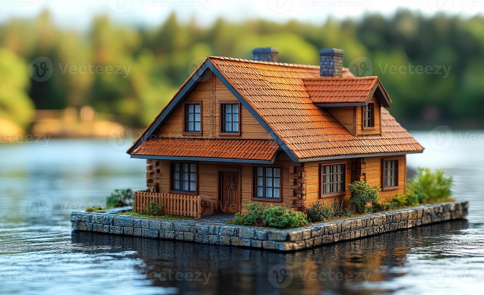 Model house on tranquil water surface. A detailed wooden model house sits peacefully on calm water, surrounded by lush greenery and distant trees. photo