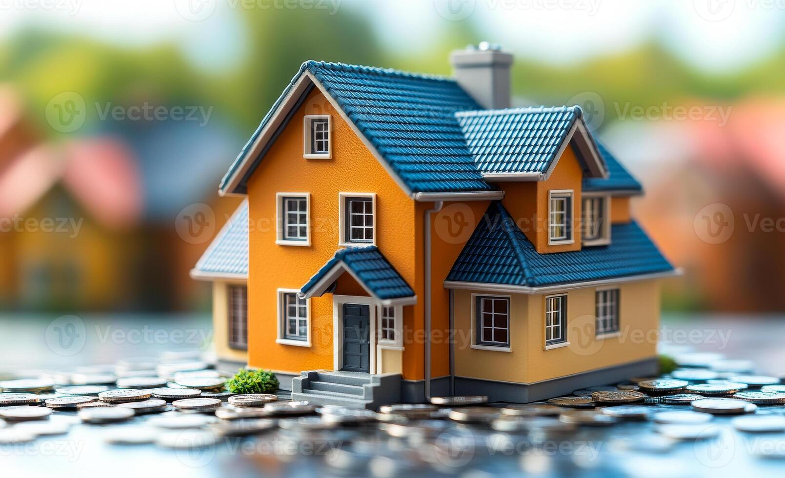Small house model surrounded by coins. A miniature house stands on a pile of coins, symbolizing savings and investment in real estate. photo