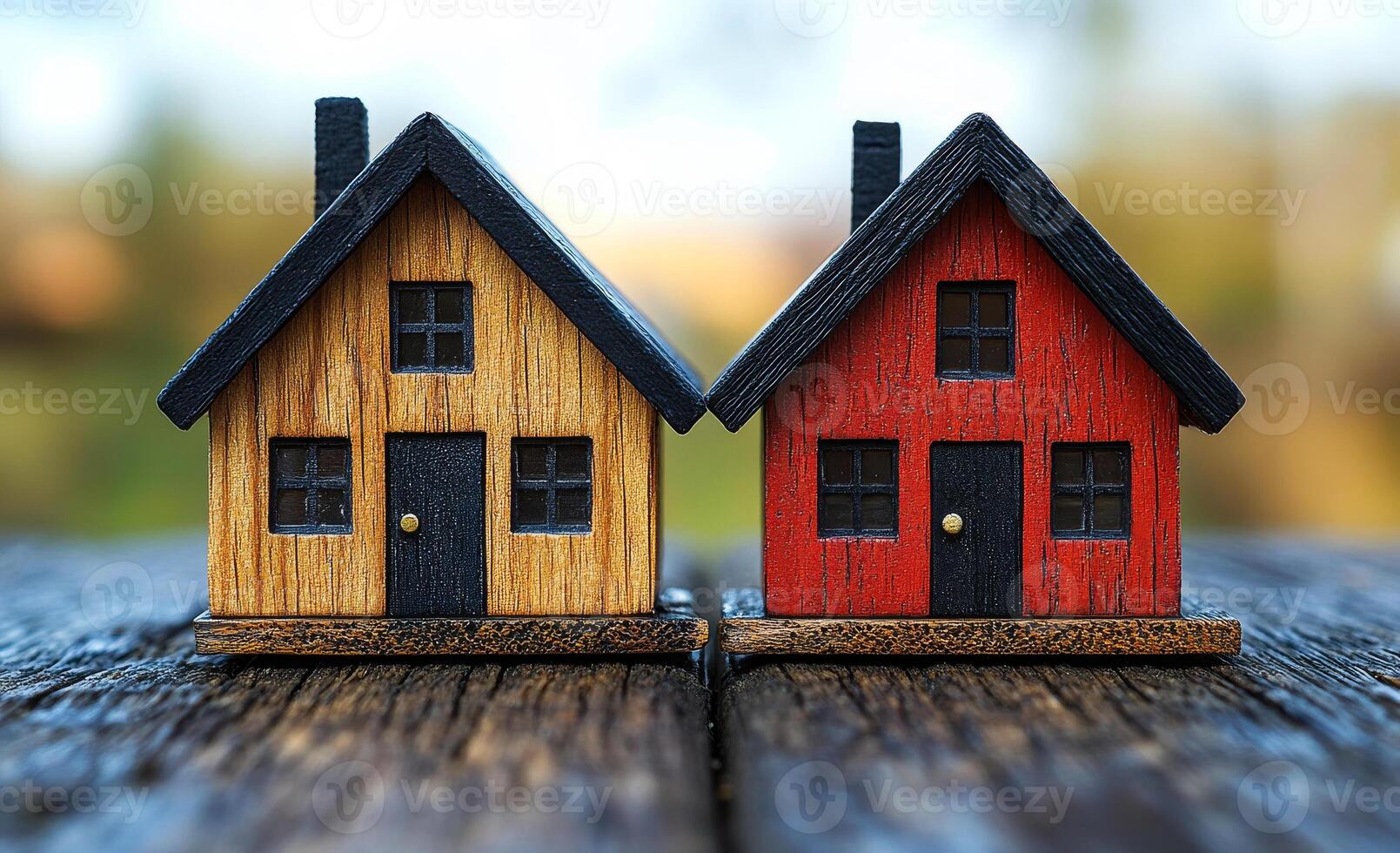 Colorful mini houses on table. Two small wooden houses, one brown and one red, are placed on a wooden surface with a blurred background. photo