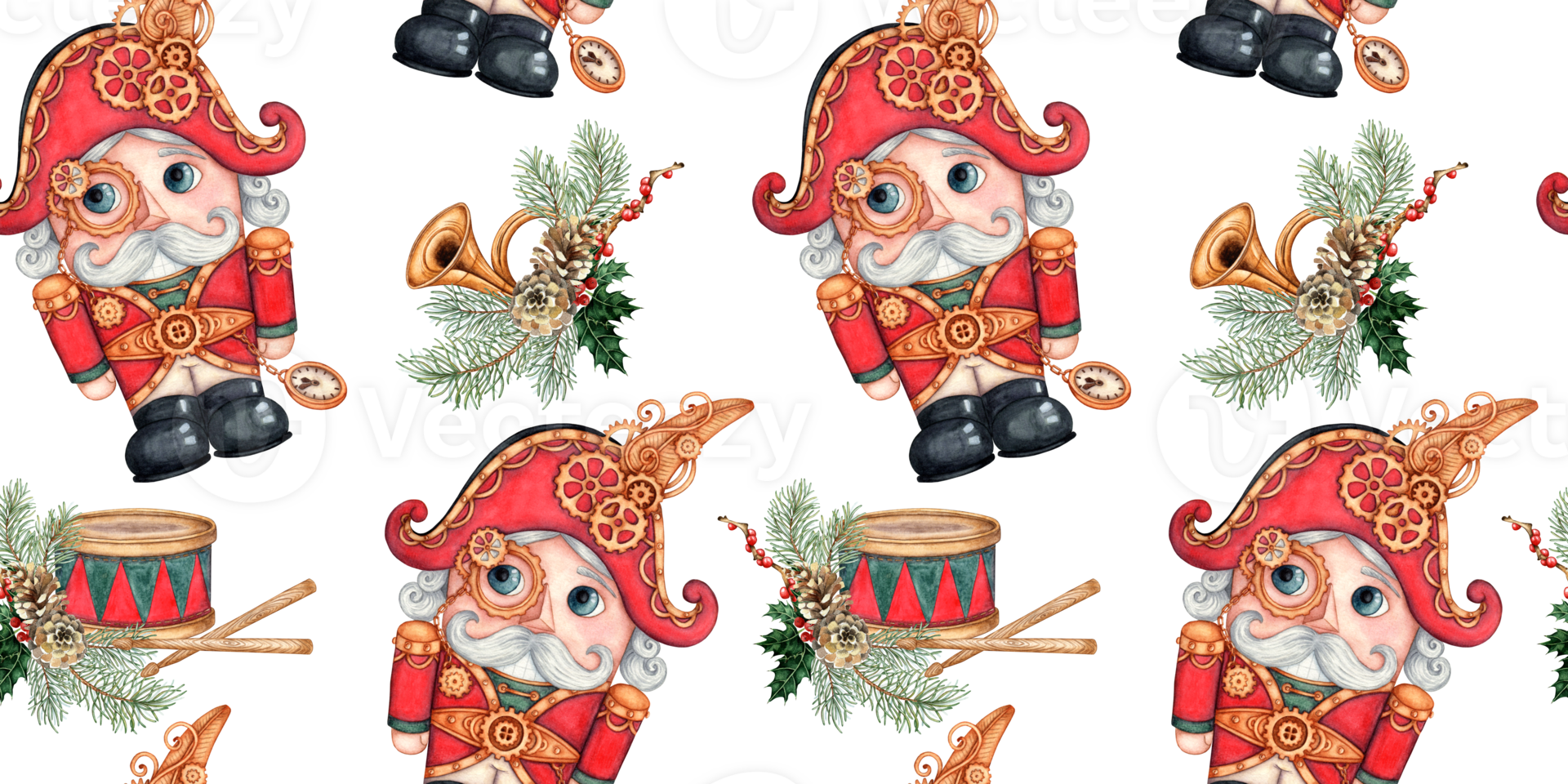 Nutcracker, drum, bugle, fir branches, pine cones watercolor illustration in steampunk style, hand drawn. Christmas, New Year seamless pattern isolated from background. png