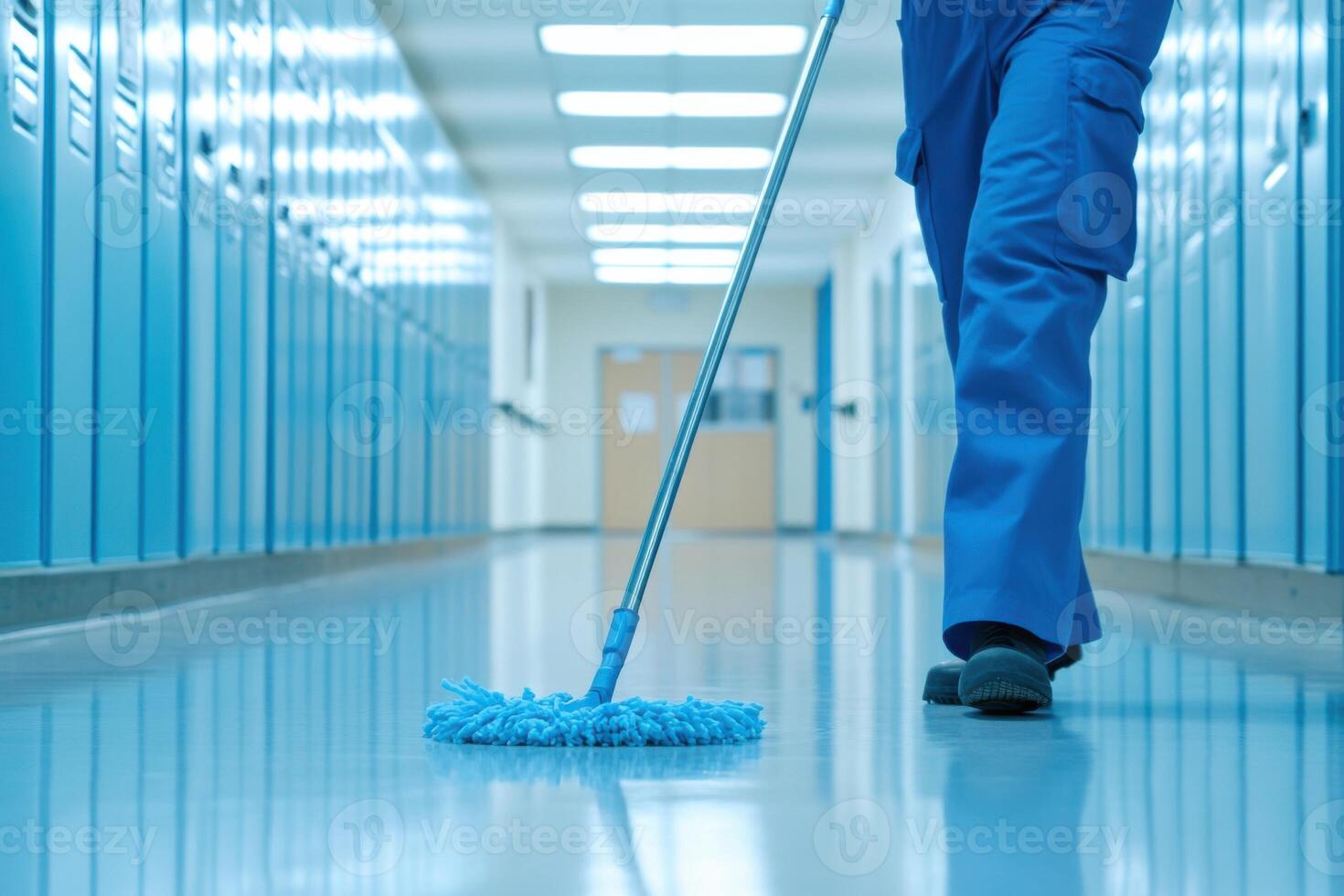 Janitorial staff member mops a bright school hallway while ensuring cleanliness with meticulous attention to detail photo