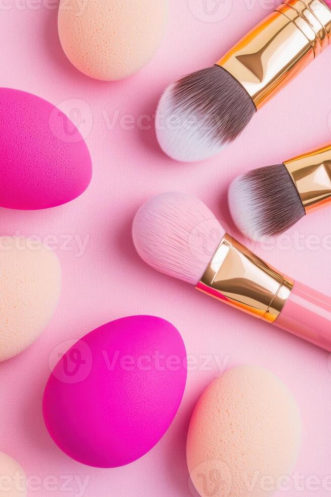 Playful arrangement of blush and vermillion beauty sponges and brushes on a soft textile background in a creative flatlay photo