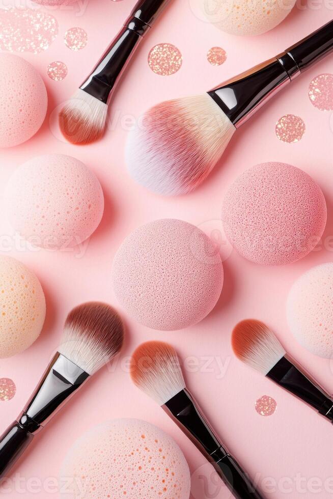 Colorful blush and vermillion beauty sponges and brushes arranged on a soft textile background in a playful flatlay style photo