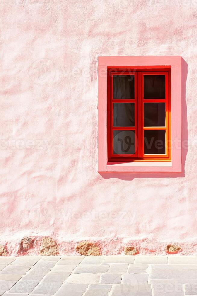 Contemporary blush wall with red window frames showcasing minimalism in architectural design and color-block aesthetics photo