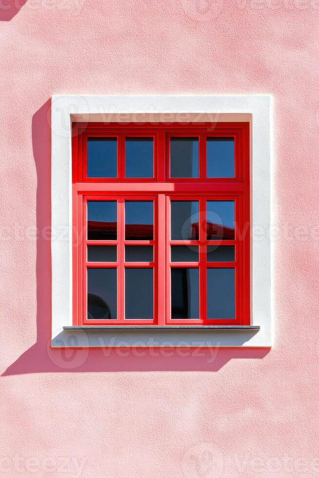 Contemporary architecture featuring blush painted wall with striking red window frames in a minimalist design photo