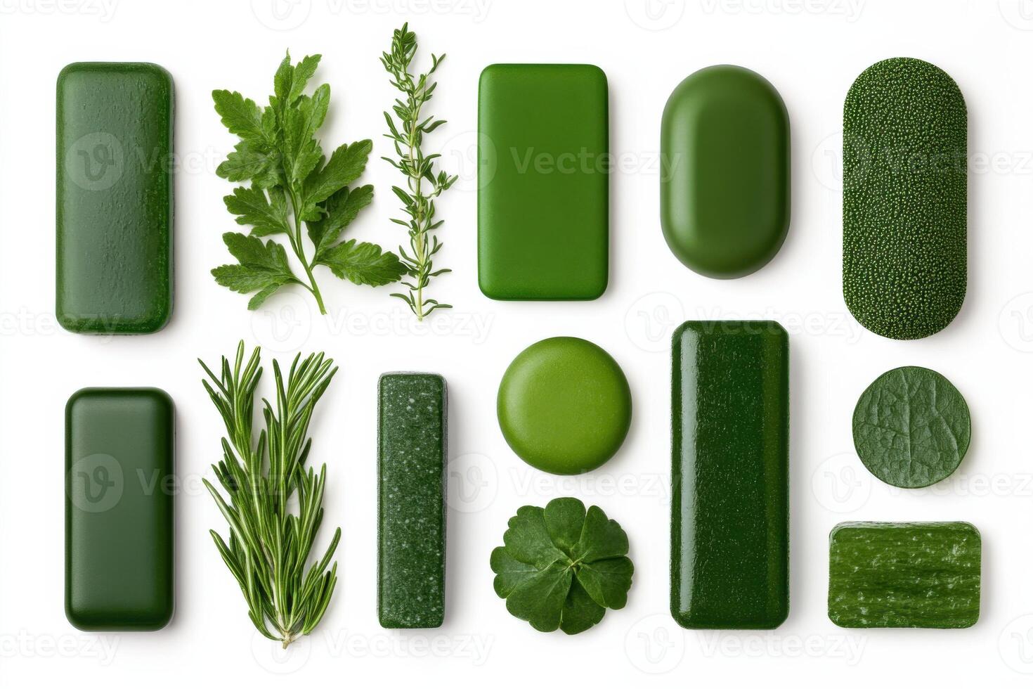 Botanical flatlay featuring various green elements and organic textures in minimalist arrangement photo