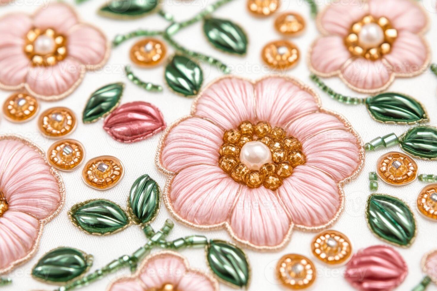 Close-up view of intricate floral beadwork embroidery displaying shimmering beads in pink, green, and gold tones photo
