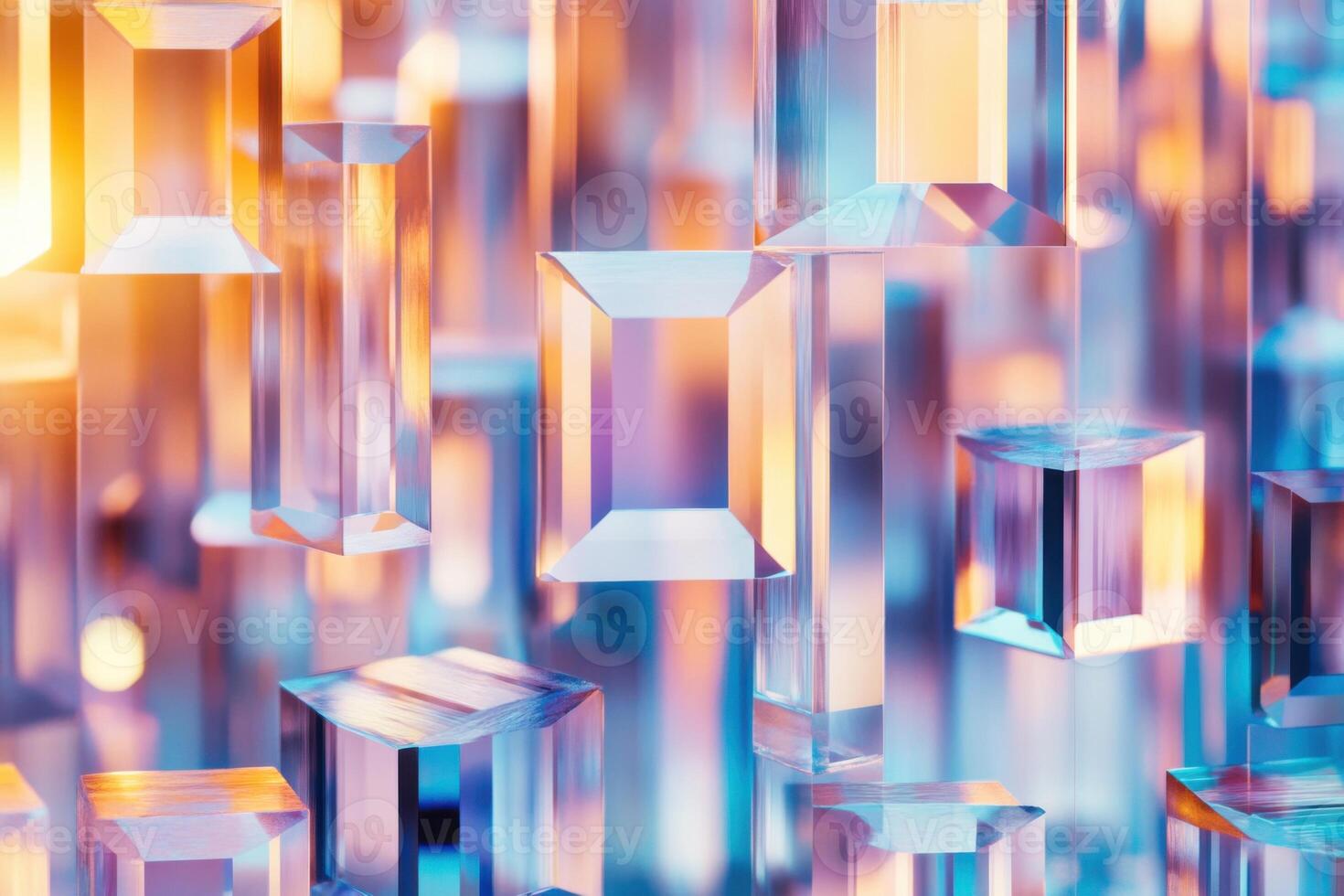 Exploration of transparent geometric shapes in neon colors creating prismatic reflections in a digital art installation photo