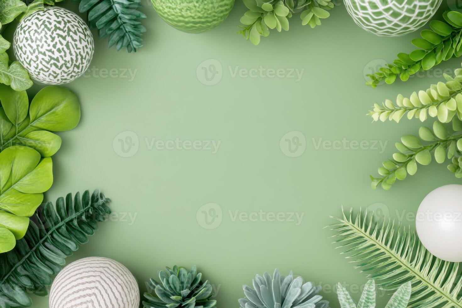 Modern flatlay inspired by nature featuring monochromatic green elements, highlighting plants and ceramics in a balanced arrangement for a serene ambiance photo