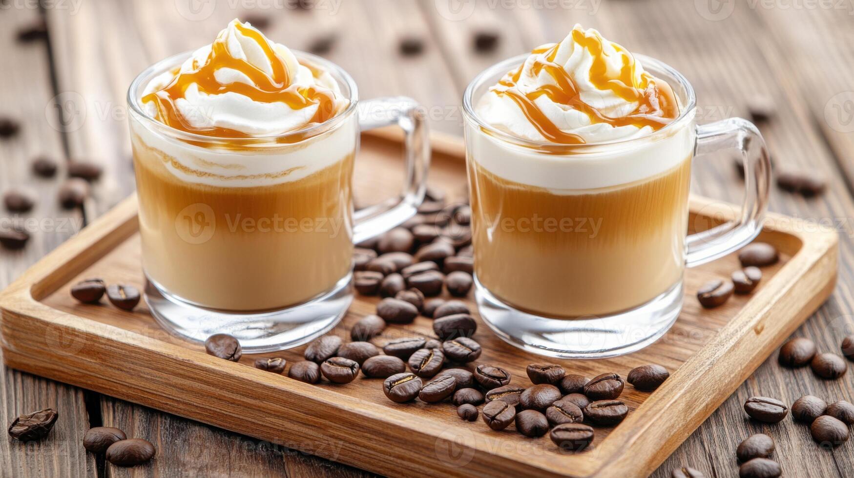 Delicious mocha coffee cocktail with whipped cream and caramel swirls presented on a wooden tray with coffee beans and warm lighting ambiance photo