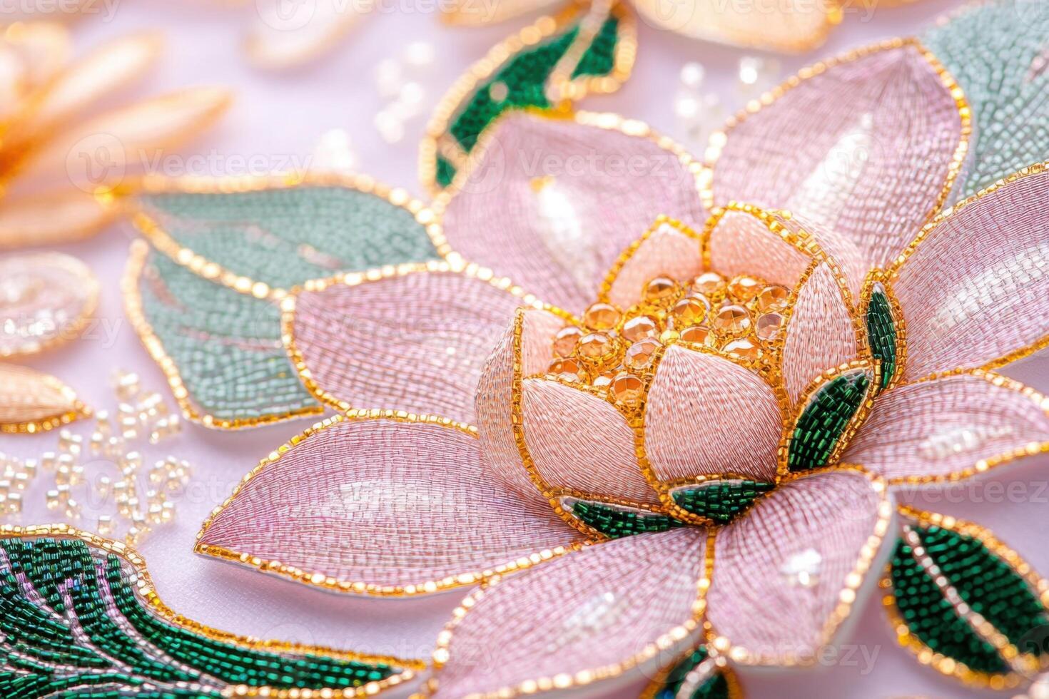 Close-up of intricate floral beadwork embroidery featuring shimmering pink, green, and gold beads forming an elegant rose pattern on fabric photo