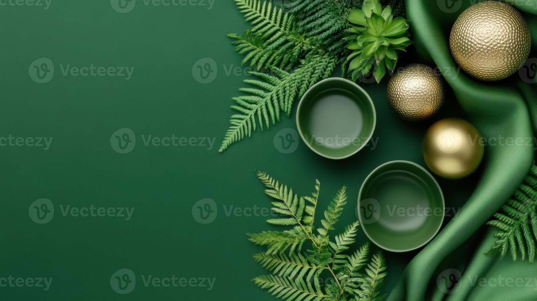 Modern flatlay design inspired by nature featuring monochromatic green elements and balanced arrangement of plants and ceramics photo