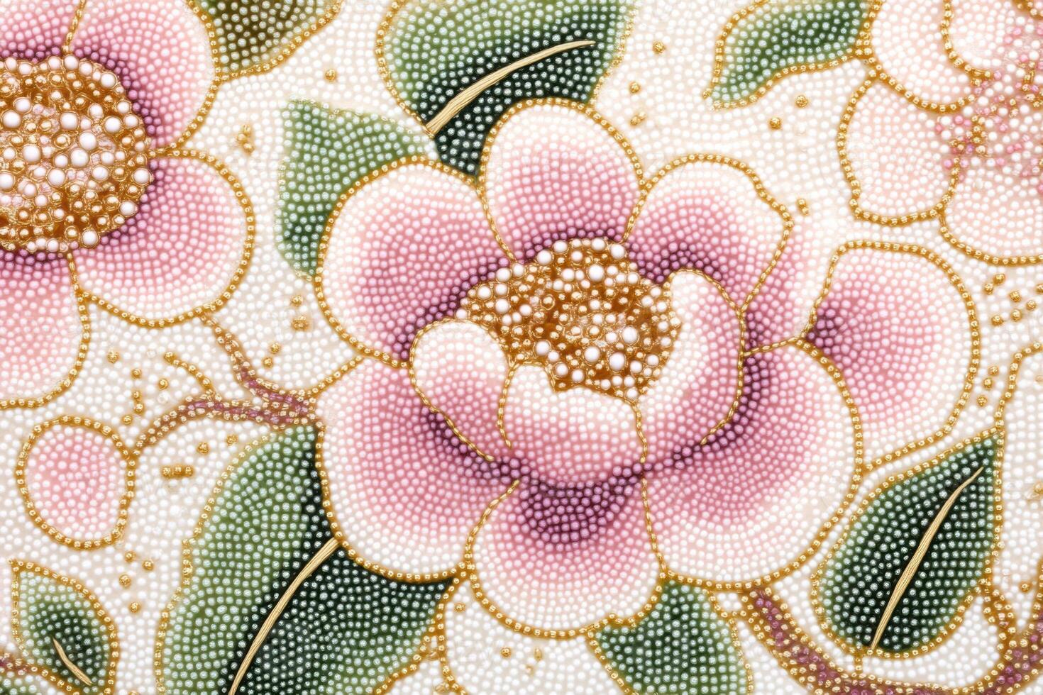 Exquisite floral beadwork embroidery close-up showcasing shimmering beads in pink, green, and gold tones forming a rose pattern photo