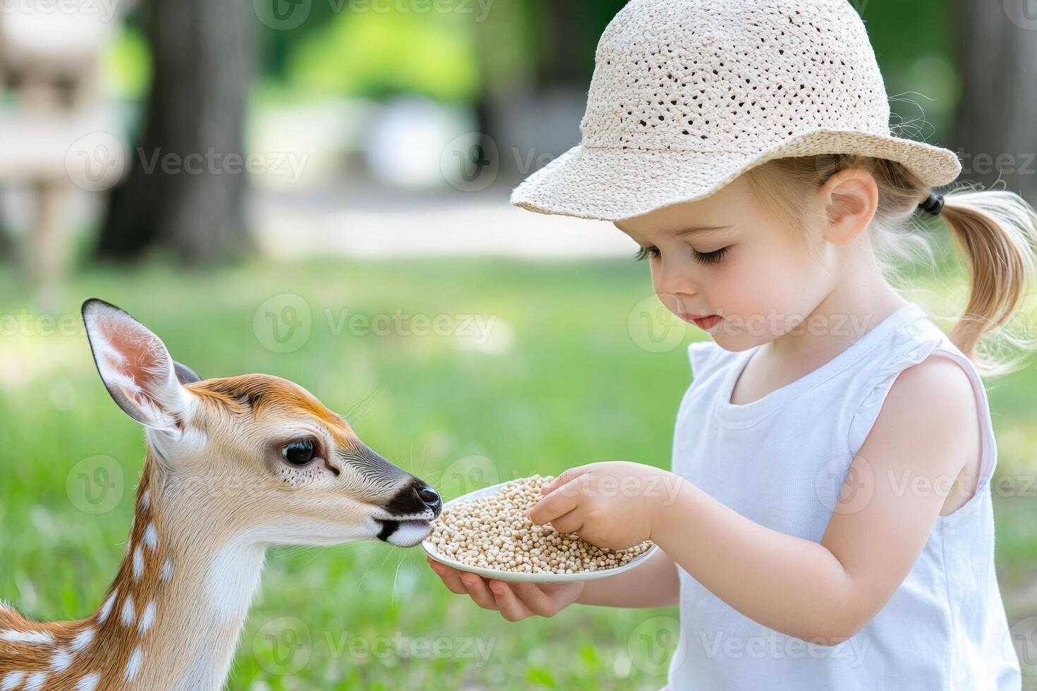 Young girl joyfully feeding deer in a vibrant green field during a sunny day of wildlife interaction and exploration photo