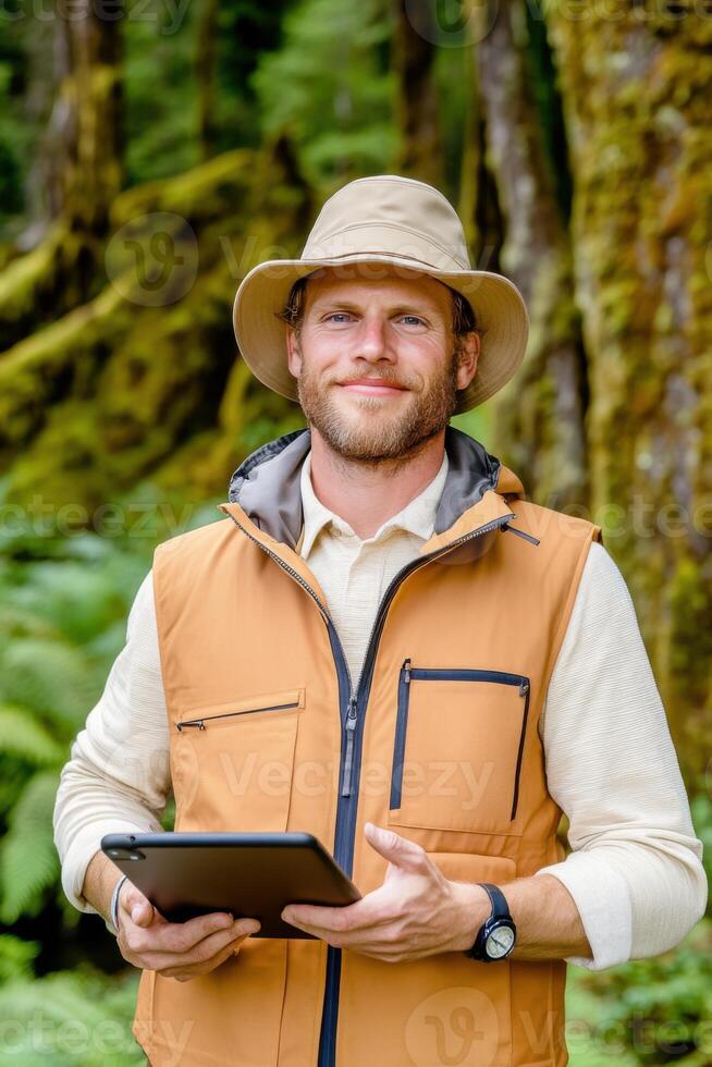 Botanist conducts field research in a lush forest using digital tablet for data collection and exploration in natural habitat photo