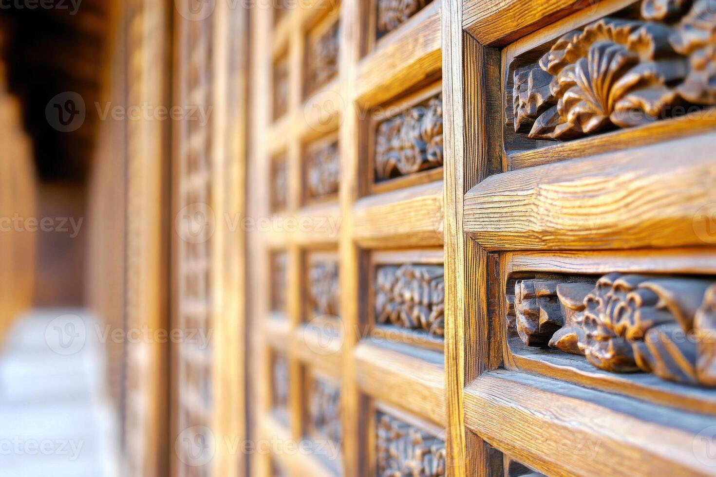 Close-up of intricately carved wooden doors and window shutters showcasing the rich heritage of a traditional Kerala home photo