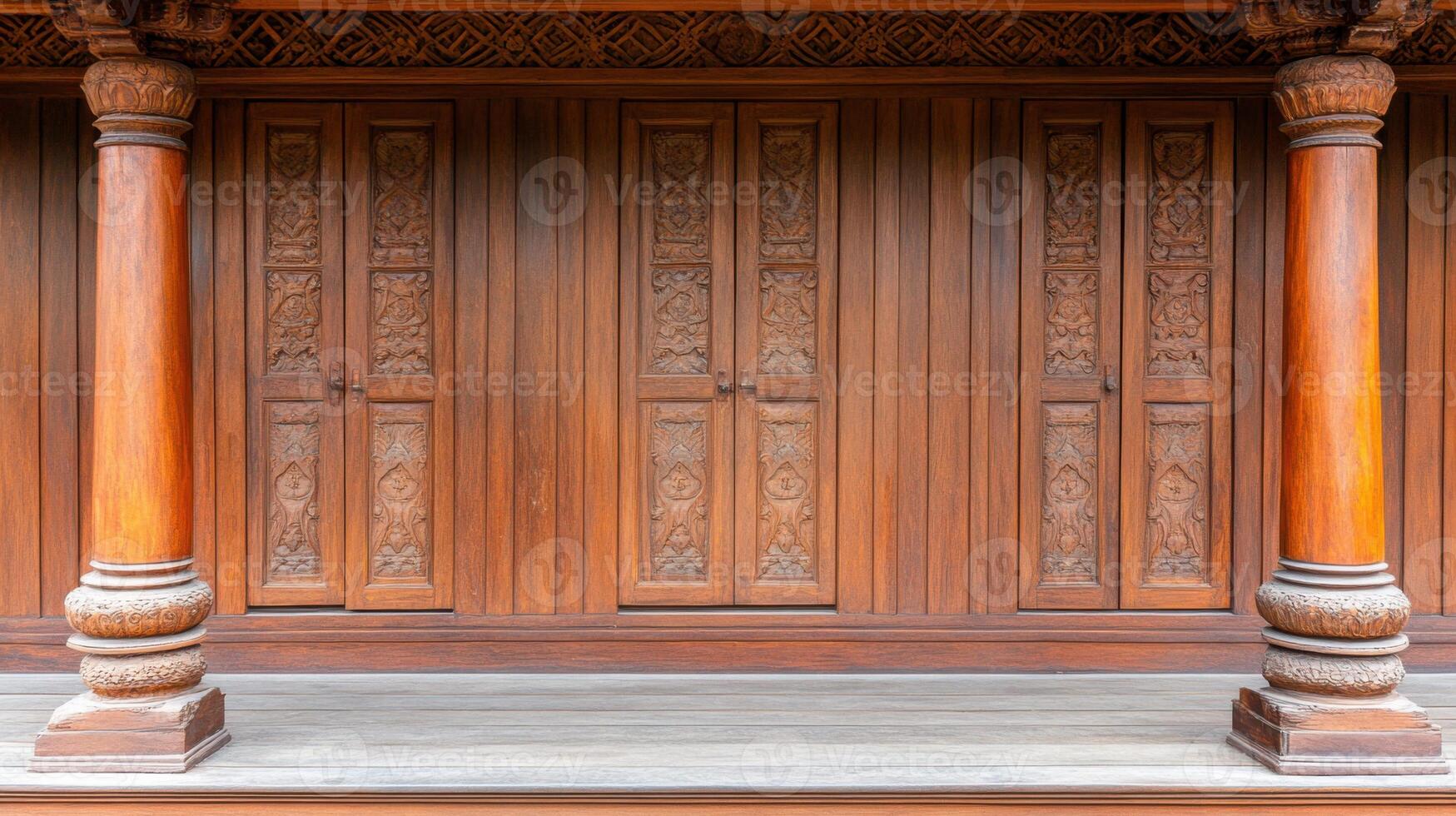 Elegant Kerala tharavadu house showcasing intricately carved wooden doors and traditional architecture with clay-tiled roof and detailed verandal design photo