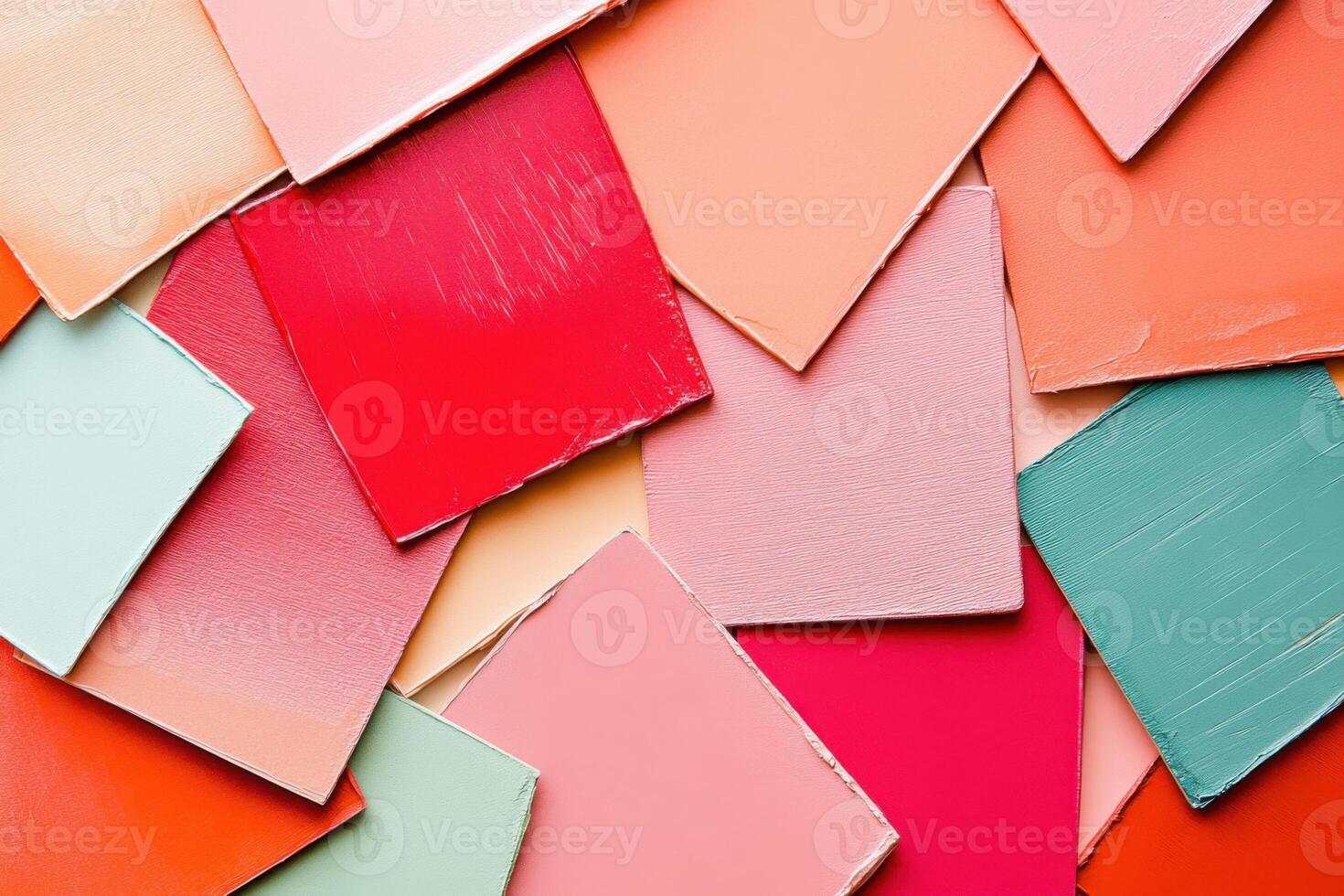 Color swatches arranged on a creative board showcasing a coral palette with deep reds, light greens, neutrals, and peach tones for design inspiration photo