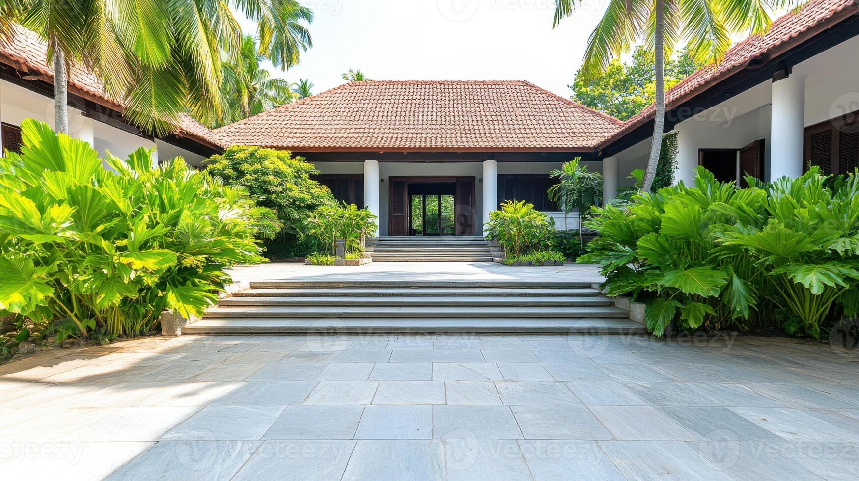 Wide view of a Kerala ancestral compound highlighting traditional architecture with tropical vegetation in a charming village setting photo