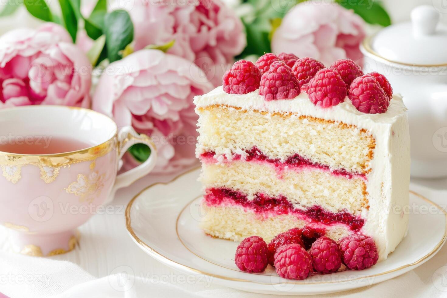 Delightful raspberry cake served with tea on a pale peony pink table, creating an elegant pastel dessert atmosphere for a cozy afternoon gathering photo