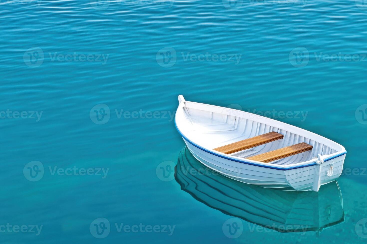 Floating toy boat captured in calm baby blue water showcasing serenity and minimalistic freshness photo